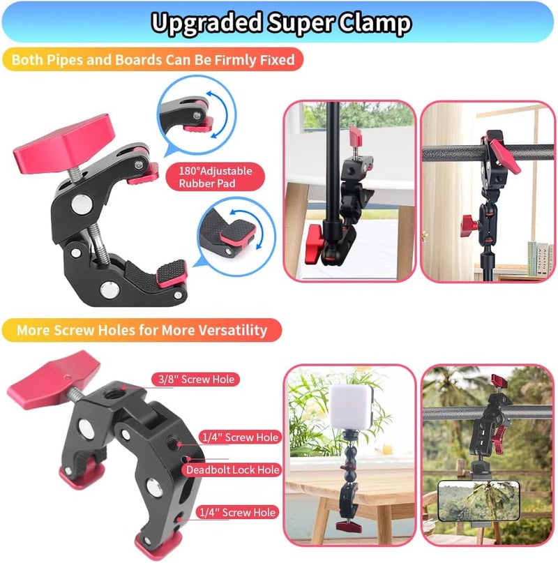 JEBUTU 13"/34cm Magic Arm w Clamp, Camera Mount & Clamp w 1/4" 3/8" Threads and Articulating Friction Magic Arm, Overhead Phone Mount, Camera Boom Arm Mount for Light Webcam Mic Action Camera Monitor - Image 4